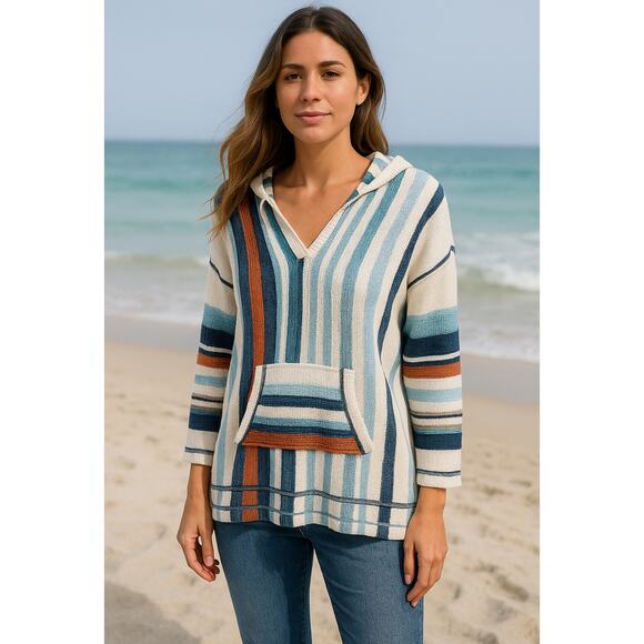 Soft Surroundings Coastal Stripe Hooded Knit Tunic Pullover Sweater Large - Picture 1 of 8